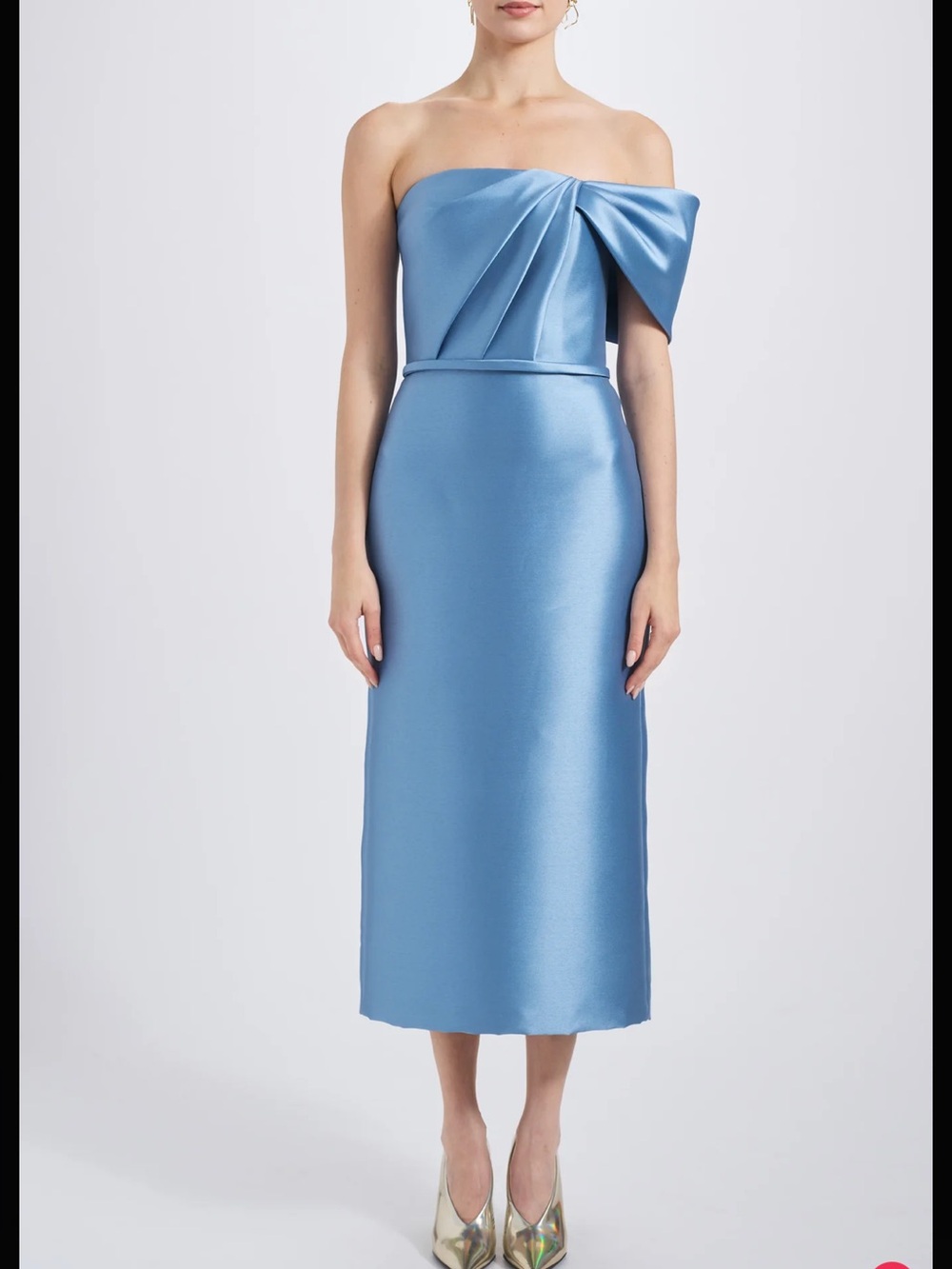 Amsale Strapless Satin Midi Dress with Asymmetric Bow - Blue